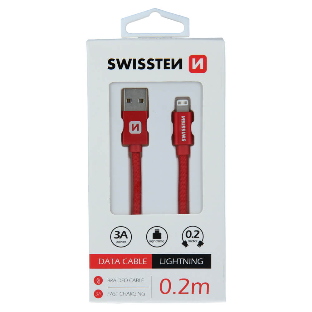 Textilný dátový kábel Swissten USB / LIGHTNING 0,2 M - červený